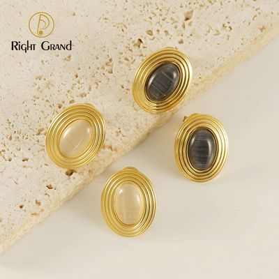 Right Grand Wholesale Vintage Women Jewelry Stainless Steel Gold Plated Oval Black Natural Stone Earrings