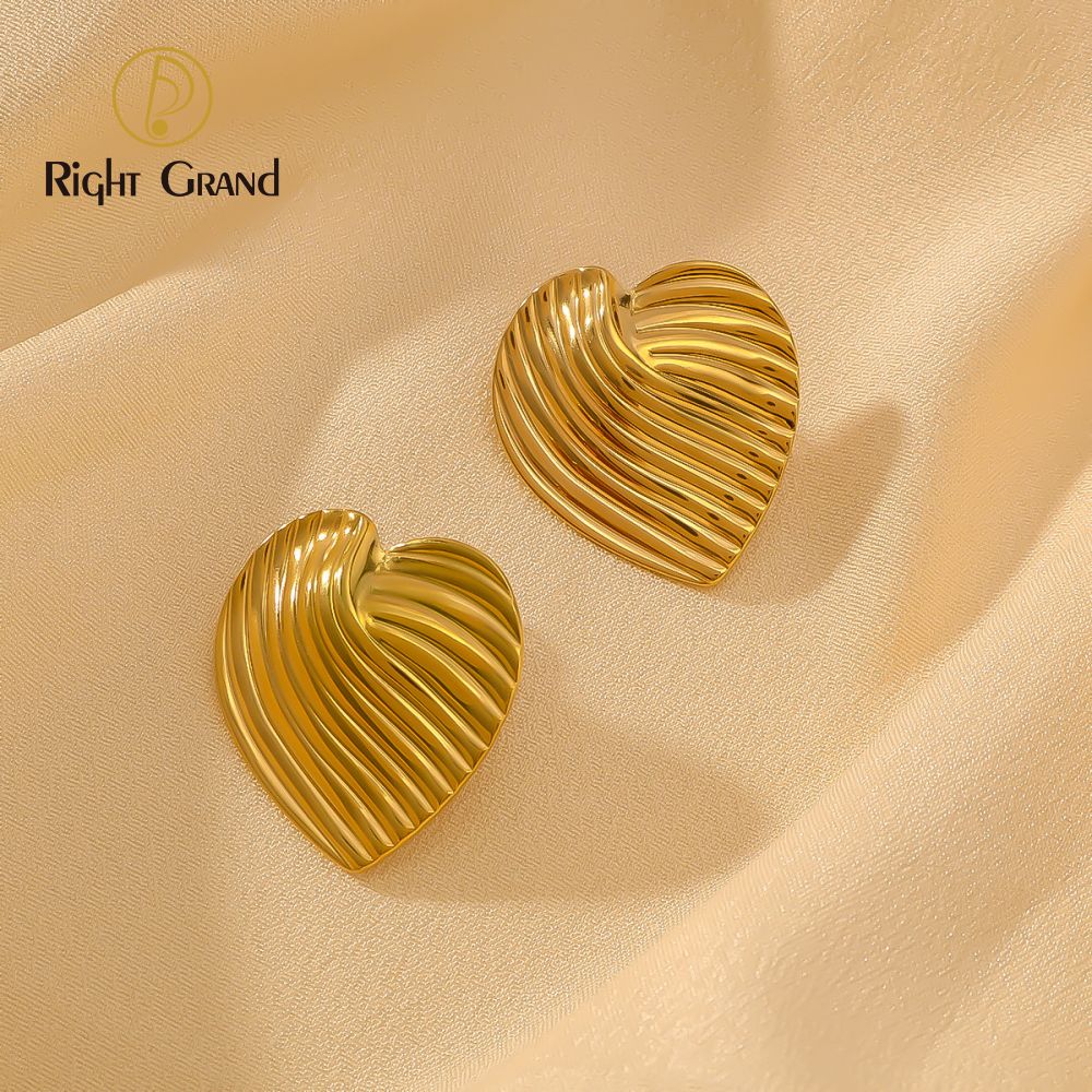 Right Grand Waterproof Chunky Ohrringe Jewelry Stripe Textured 18K Gold Plated Stainless Steel Heart Stud Earrings