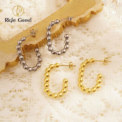 Right Grand Stylish High Quality Lady Fashion Trendy Gold Plated Stainless Steel Beaded Square Hoop Earrings