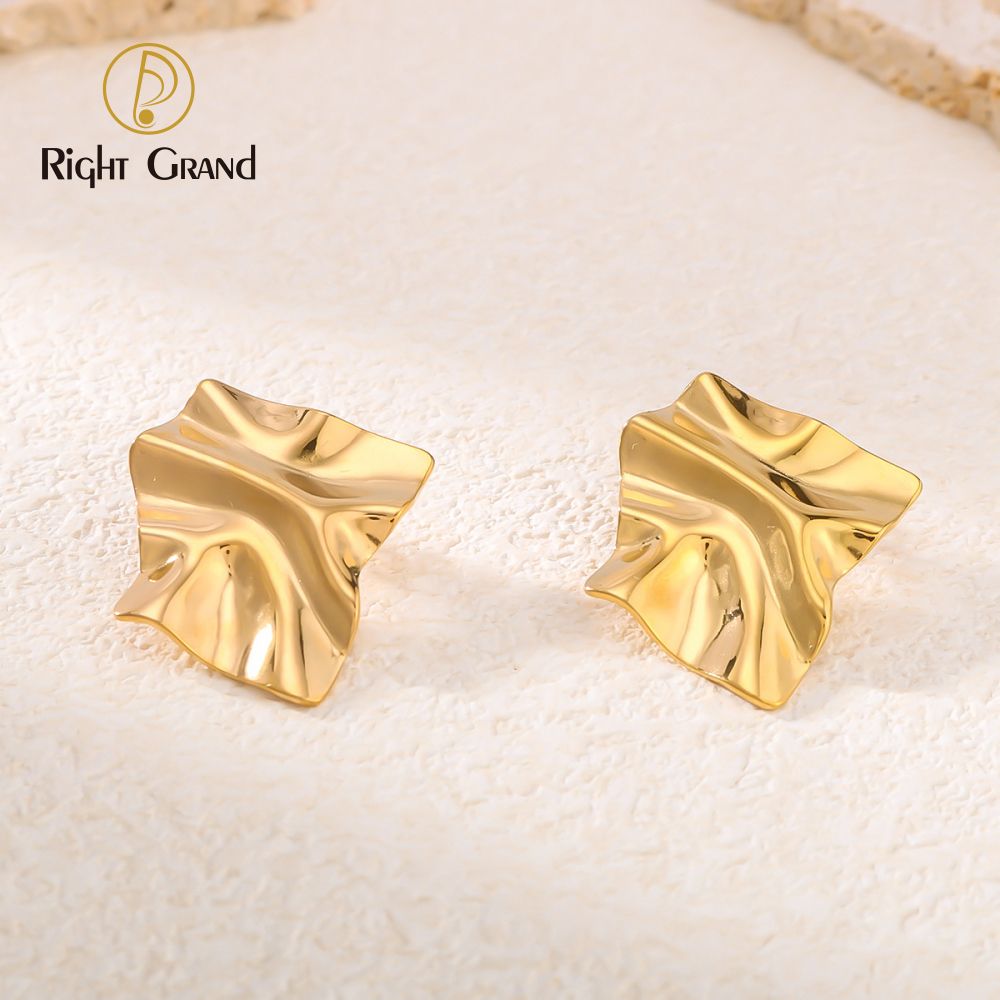 Right Grand Vintage Statement Chunky Stainless Steel Fashion Jewelry Gold Plated Fold Hammered Geometric Stud Earrings