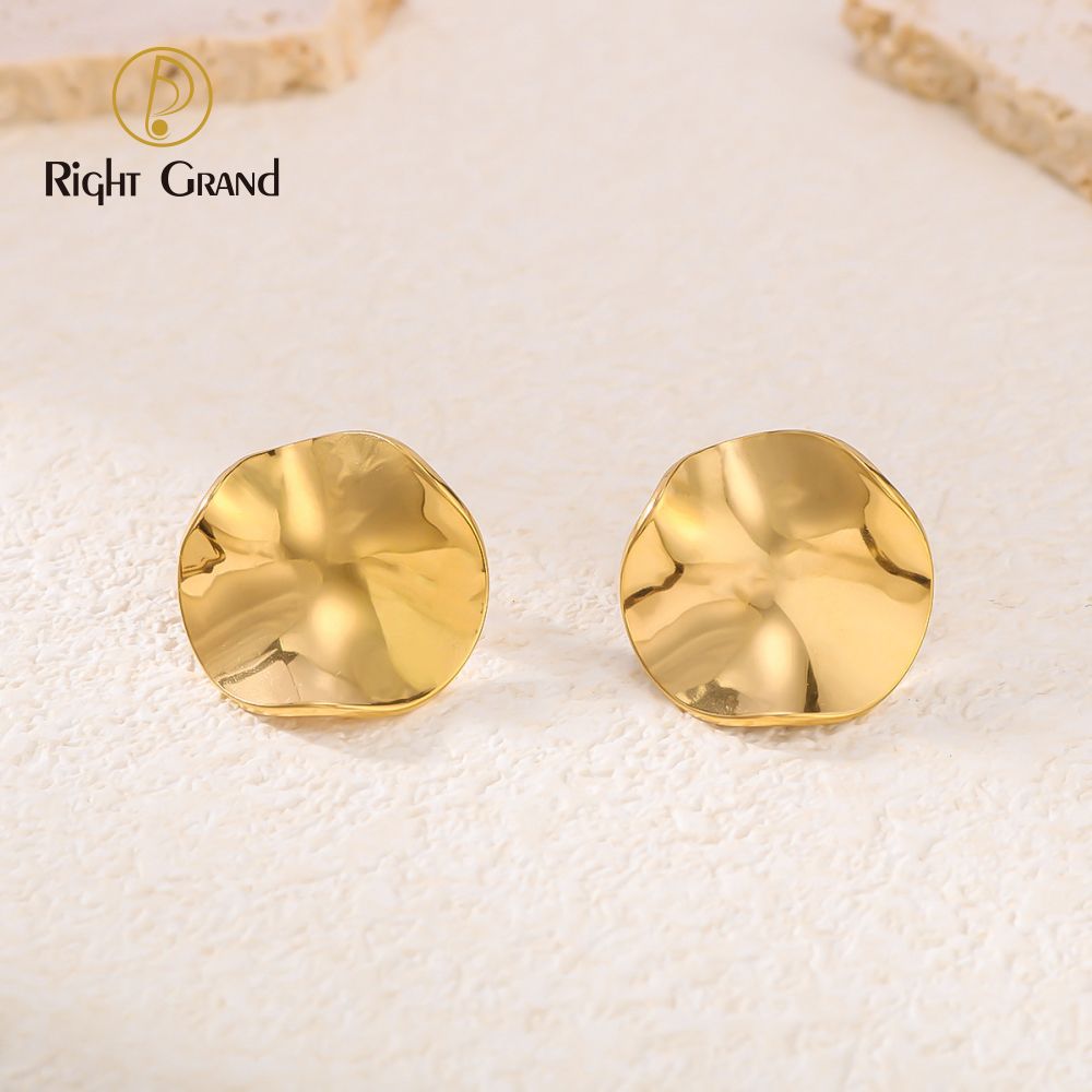 Right Grand Vintage Statement Chunky Stainless Steel Fashion Jewelry Gold Plated Fold Hammered Geometric Stud Earrings