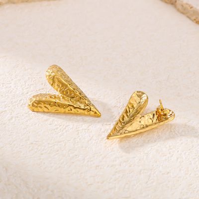 Right Grand Vintage Statement Chunky Stainless Steel Fashion Jewelry Gold Plated Fold Hammered Heart Geometric Stud Earrings