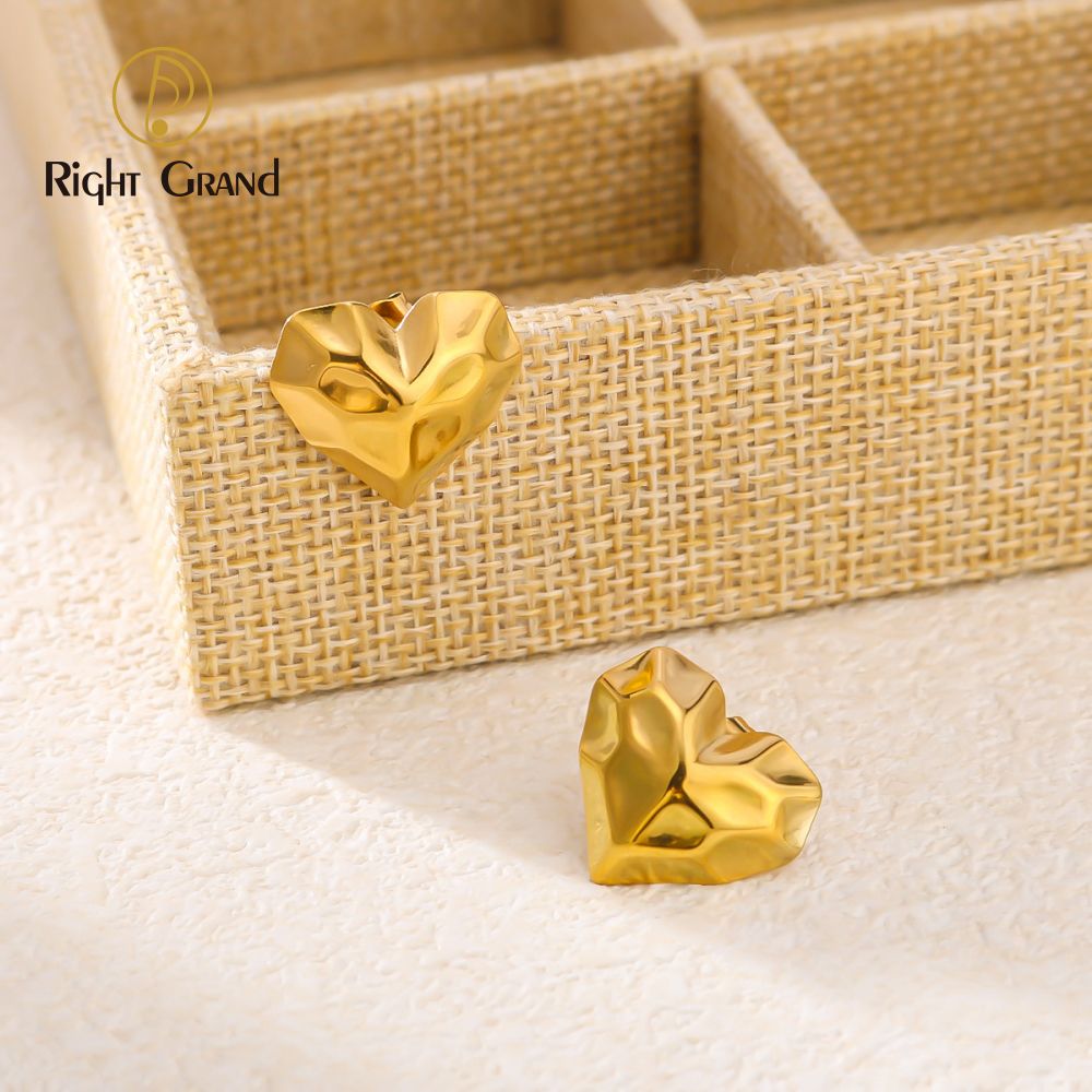 Right Grand Vintage Statement Chunky Stainless Steel Fashion Jewelry Gold Plated Fold Hammered Heart Geometric Stud Earrings