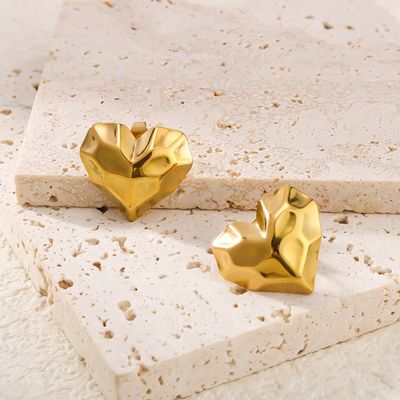 Right Grand Vintage Statement Chunky Stainless Steel Fashion Jewelry Gold Plated Fold Hammered Heart Geometric Stud Earrings