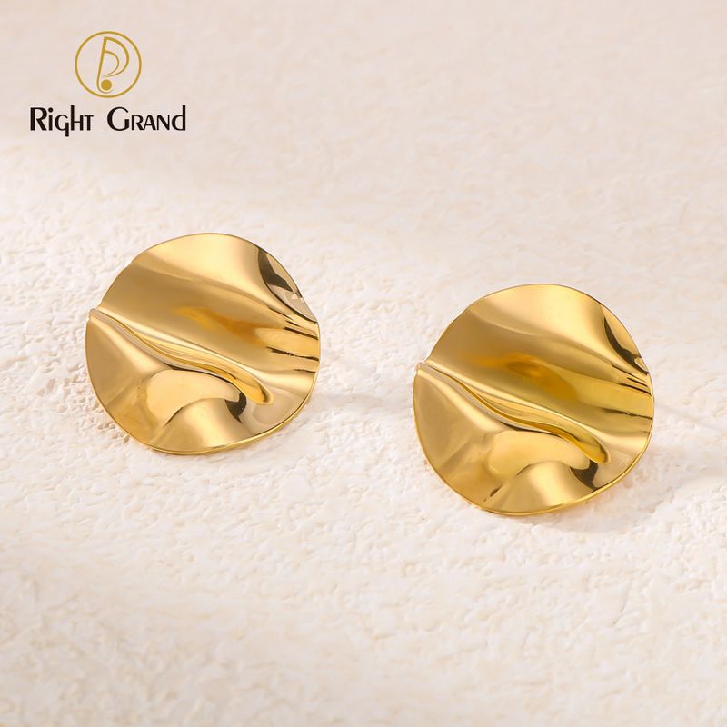 Right Grand Vintage Statement Chunky Stainless Steel Fashion Jewelry Gold Plated Fold Hammered Geometric Stud Earrings