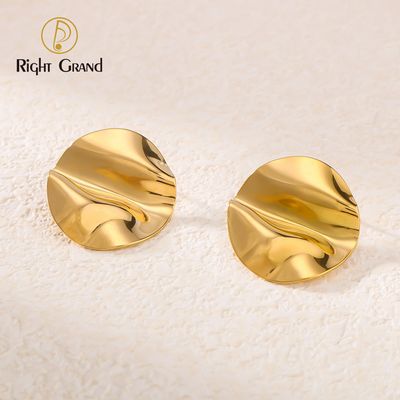 Right Grand Vintage Statement Chunky Stainless Steel Fashion Jewelry Gold Plated Fold Hammered Geometric Stud Earrings