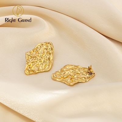 Right Grand Vintage Statement Chunky Stainless Steel Fashion Jewelry Gold Plated Fold Hammered Geometric Stud Earrings