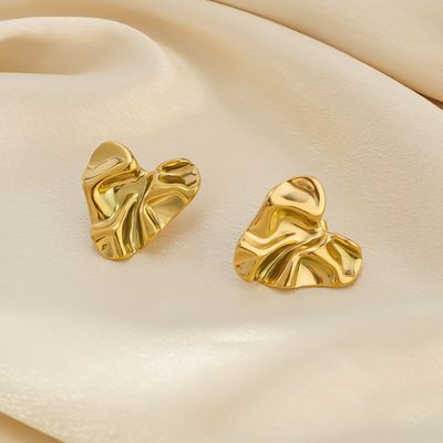 Right Grand Vintage Statement Chunky Stainless Steel Fashion Jewelry Gold Plated Fold Hammered Heart Geometric Stud Earrings