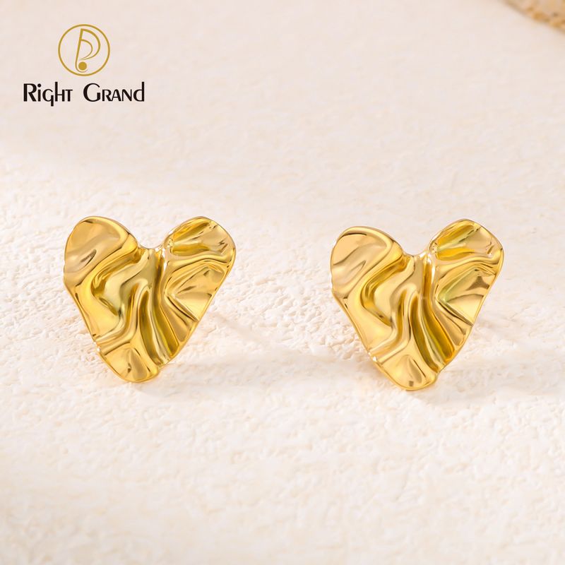 Right Grand Vintage Statement Chunky Stainless Steel Fashion Jewelry Gold Plated Fold Hammered Heart Geometric Stud Earrings