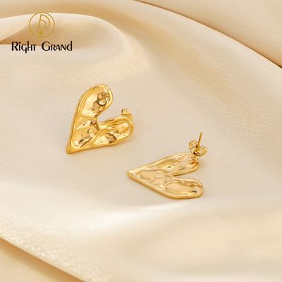 Right Grand Vintage Statement Chunky Stainless Steel Fashion Jewelry Gold Plated Fold Hammered Heart Geometric Stud Earrings