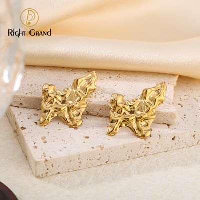 Right Grand Vintage Statement Chunky Stainless Steel Fashion Jewelry Gold Plated Fold Hammered Geometric Stud Earrings