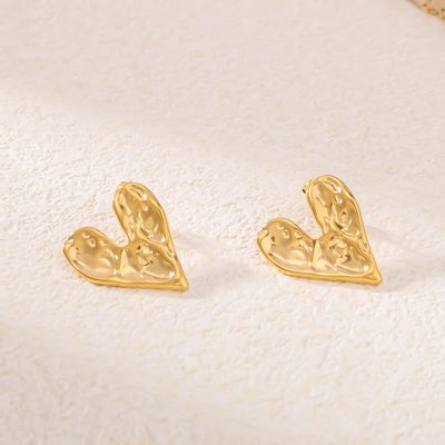 Right Grand Vintage Statement Chunky Stainless Steel Fashion Jewelry Gold Plated Fold Hammered Heart Geometric Stud Earrings