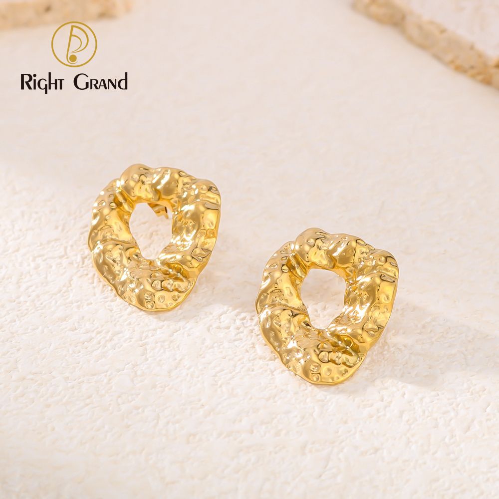 Right Grand Vintage Statement Chunky Stainless Steel Fashion Jewelry Gold Plated Fold Hammered Geometric Stud Earrings