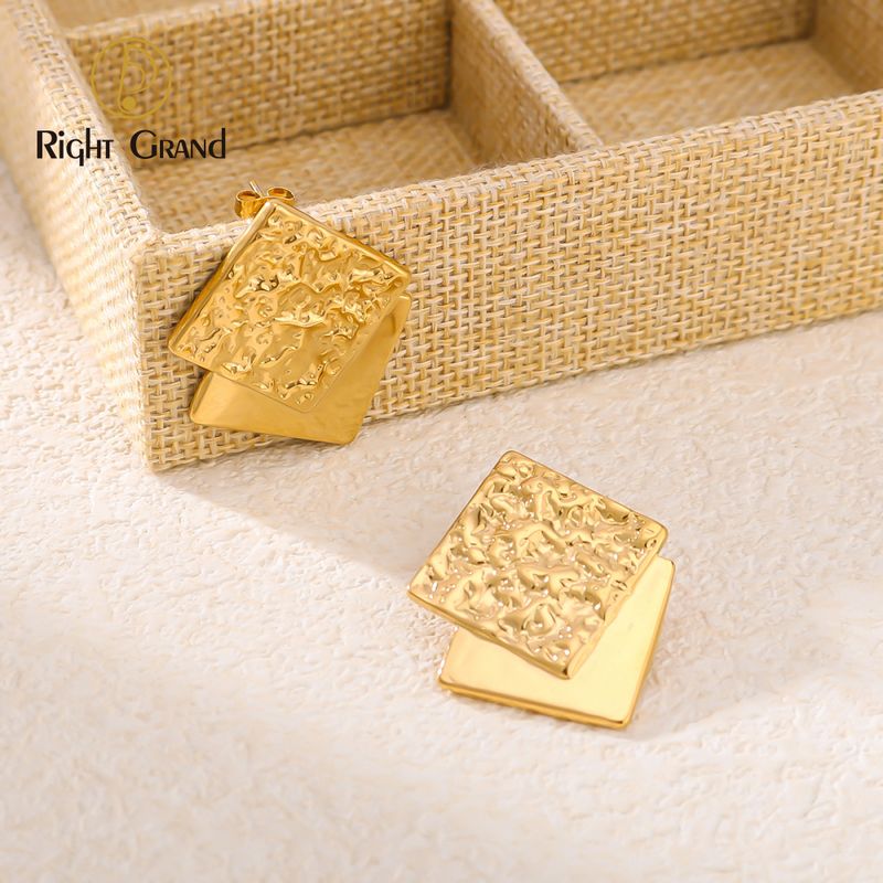 Right Grand Vintage Statement Chunky Stainless Steel Fashion Jewelry Gold Plated Fold Hammered Geometric Stud Earrings