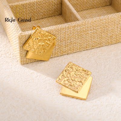 Right Grand Vintage Statement Chunky Stainless Steel Fashion Jewelry Gold Plated Fold Hammered Geometric Stud Earrings