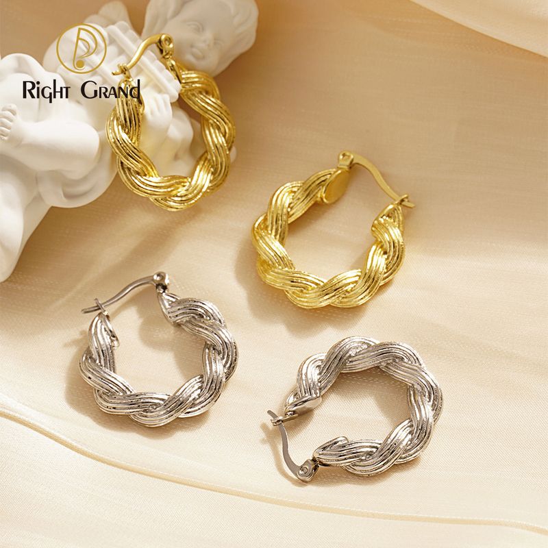 Right Grand Exaggerated Woman Lady Fashion Gold Plated Stainless Steel Hypoallergenic Chunky Twisted Rope Hoop Earrings