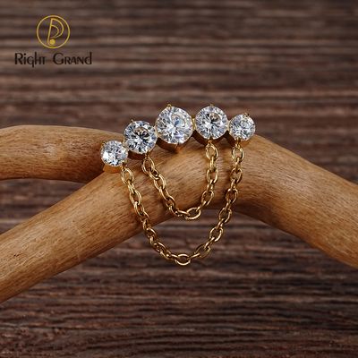 Right Grand ASTM F136 Titanium 5-Cluster CZ Threadless Push Pin Labret Stud Earring with 2 Tier Dangle Chain Helix Cartilage Tragus Lip Flat Back Piercing Top