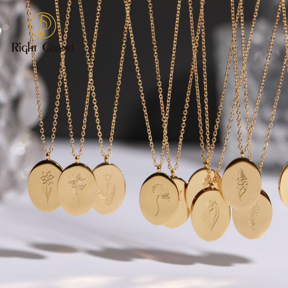 Right Grand Custom Personalized Women Jewelry 18K Gold Plated Stainless Steel Oval Birth Flower Pendant Necklace