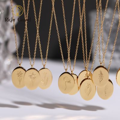 Right Grand Custom Personalized Women Jewelry 18K Gold Plated Stainless Steel Oval Birth Flower Pendant Necklace