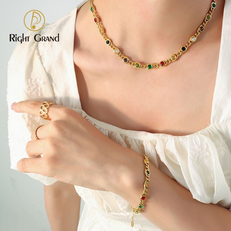 Right Grand Fashion Jewelry Sets Copper Necklace Fish Eye Design Colorful Zircon Splicing Chain Women&#39;s Necklace Bracelet