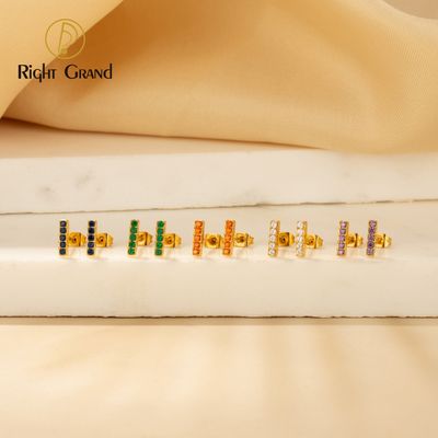 Right Grand Fancy Cz Jewelry Stainless Steel Gold Plated Horizontal Bar Rectangular Small Zircon Stud Earrings
