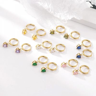 Right Grand Simple Delicate Jewelry Women Gold Plated Stainless Steel Dangle Heart Rainbow Zircon Hoop Earrings
