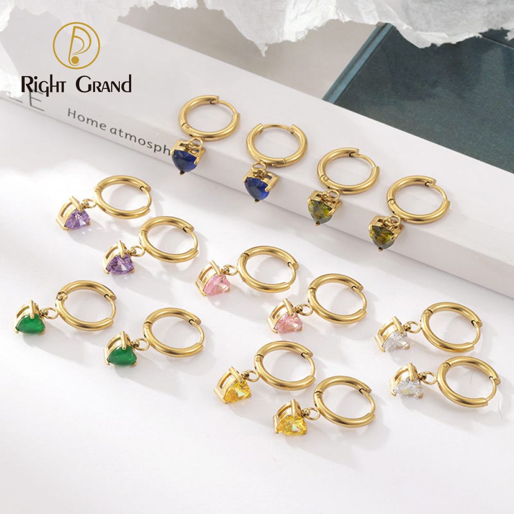 Right Grand Simple Delicate Jewelry Women Gold Plated Stainless Steel Dangle Heart Rainbow Zircon Hoop Earrings