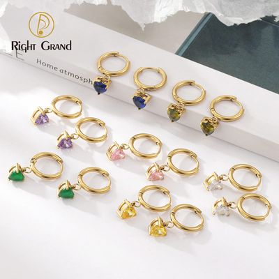Right Grand Simple Delicate Jewelry Women Gold Plated Stainless Steel Dangle Heart Rainbow Zircon Hoop Earrings