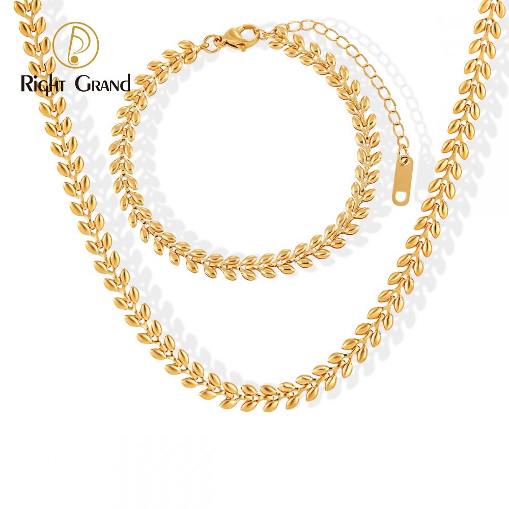Right Grand Wholesale Simple Wheat Ear Leaf Stainless Steel Necklace Women&#39;s Wheat Bracelet Gold Plated Jewelry Set