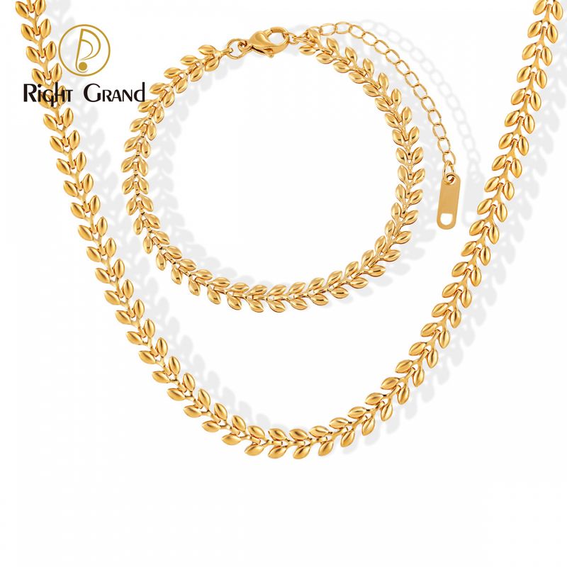 Right Grand Wholesale Simple Wheat Ear Leaf Stainless Steel Necklace Women&#39;s Wheat Bracelet Gold Plated Jewelry Set