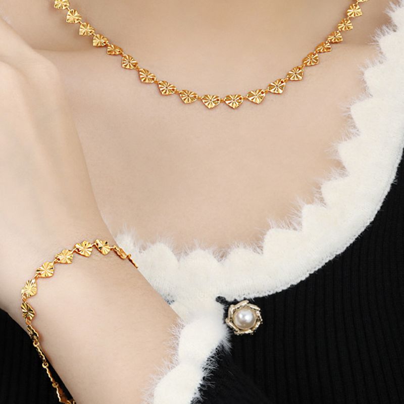 Right Grand Elegant Women Fashion Wholesale Embossed Flower Heart Pendant 18K Gold Plated Stainless Steel Jewelry Set