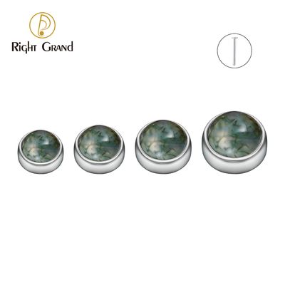 Right Grand ASTM F136 Titanium 16G Threadless Push Pin Moss Agate Labret Top Ends