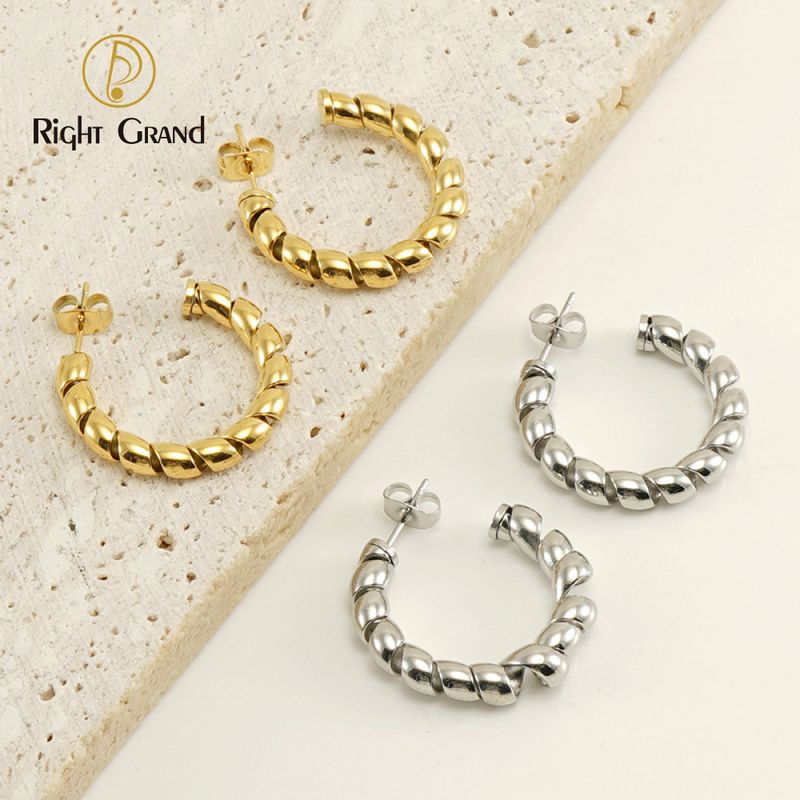 Right Grand Fashion Waterproof Hypoallergenic Jewelry Gift Stainless Steel 18K Gold Plated Casting Mould Rope Twist C Shaped Stud Earrings