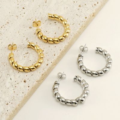 Right Grand Fashion Waterproof Hypoallergenic Jewelry Gift Stainless Steel 18K Gold Plated Casting Mould Rope Twist C Shaped Stud Earrings