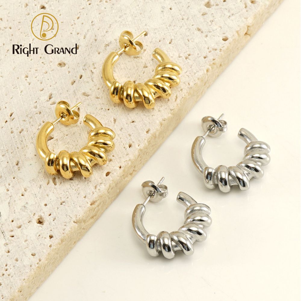 Right Grand Fashion Waterproof Hypoallergenic Jewelry Gift Stainless Steel 18K Gold Plated Casting Mould Rope Knot C Shaped Stud Earrings