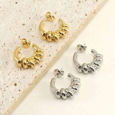 Right Grand Fashion Waterproof Hypoallergenic Jewelry Gift Stainless Steel 18K Gold Plated Casting Mould Rope Knot C Shaped Stud Earrings