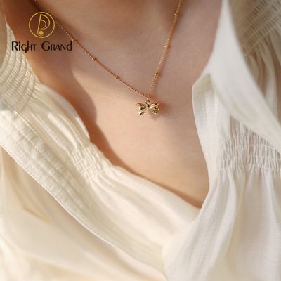 Right Grand Fashion Dainty Minimalist Stainless Steel Bowknot Pendant Beaded Chain Necklace