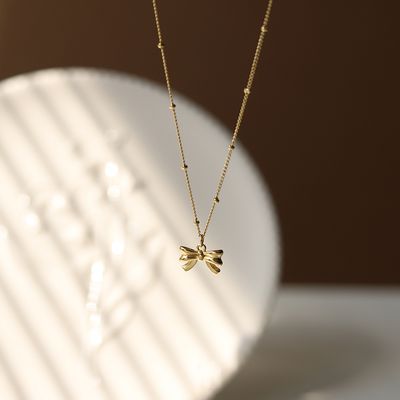 Right Grand Fashion Dainty Minimalist Stainless Steel Bowknot Pendant Beaded Chain Necklace
