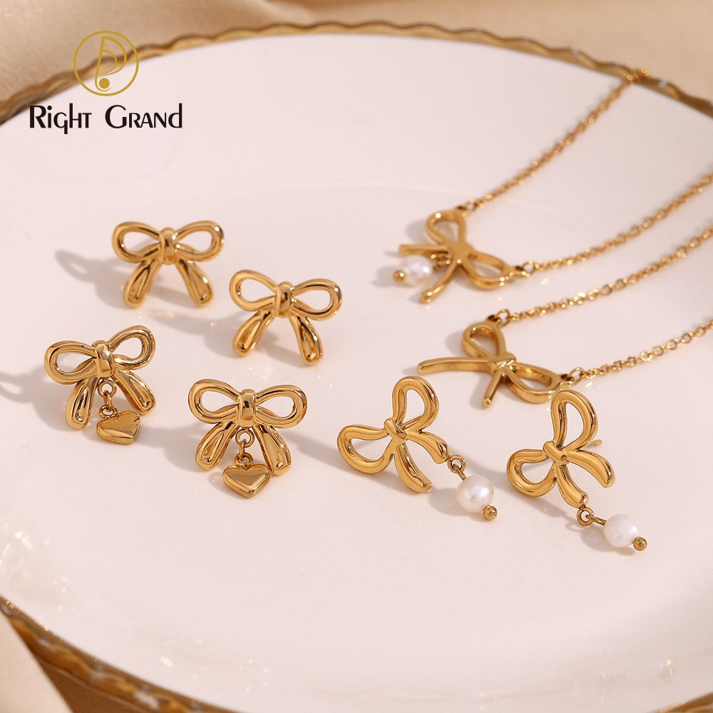 Right Grand Popular Fashion Women Gold Plated Stainless Steel Freshwater Pearl Heart Bow Butterfly Knot Charm Necklace Earring Set