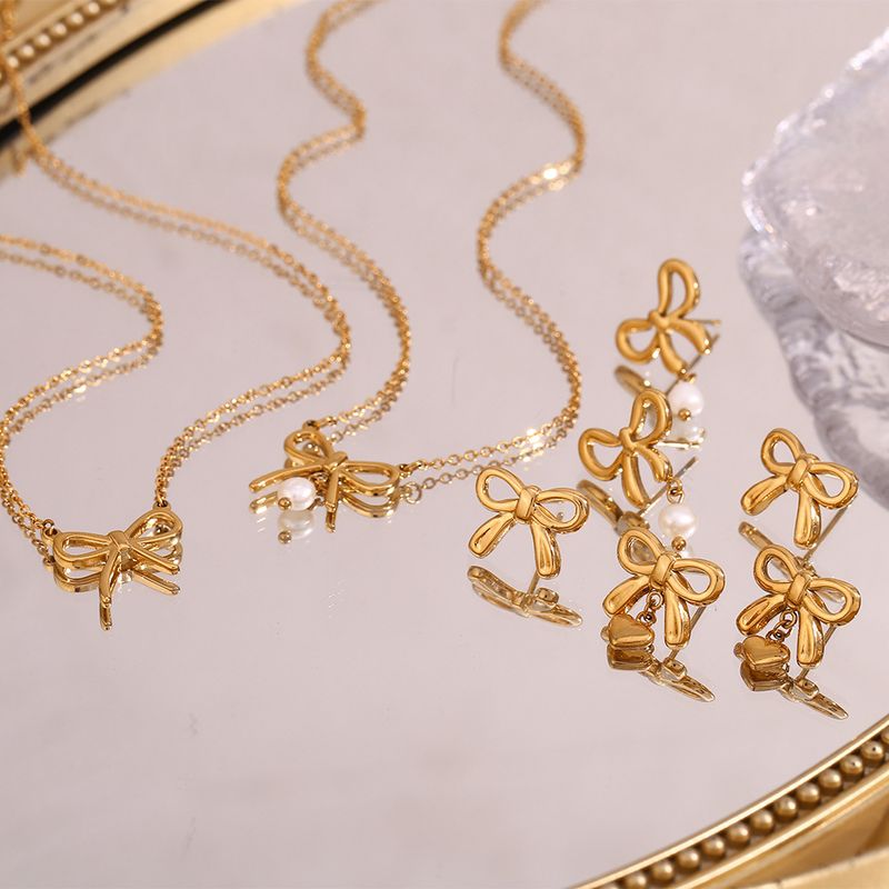 Right Grand Popular Fashion Women Gold Plated Stainless Steel Freshwater Pearl Heart Bow Butterfly Knot Charm Necklace Earring Set