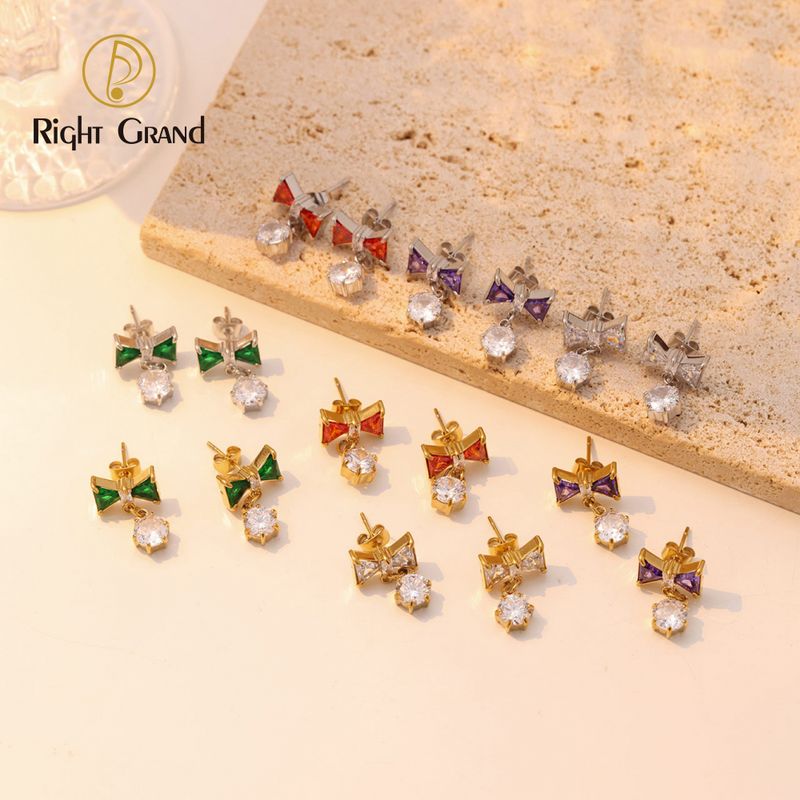 Right Grand Wholesale Luxury Elegant Women Jewelry Stainless Steel Gold Plated Cubic Zirconia Dangle Bow Knot Earrings