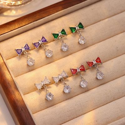 Right Grand Wholesale Luxury Elegant Women Jewelry Stainless Steel Gold Plated Cubic Zirconia Dangle Bow Knot Earrings