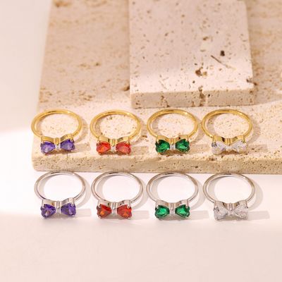 Right Grand Wholesale Stylish Cute Women Jewelry Gold Plated Stainless Steel Cubic Zirconia Butterfly Heart Knot Bow Ring