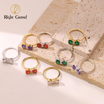 Right Grand Wholesale Stylish Cute Women Jewelry Gold Plated Stainless Steel Cubic Zirconia Butterfly Heart Knot Bow Ring