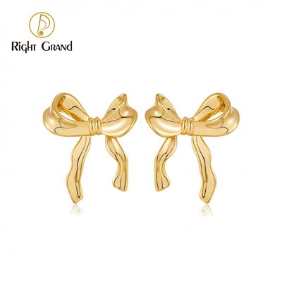 Right Grand Princess Cute Fashion Women Accessories Jewelry Gift Brass Gold Plated Ribbon Bow Tie Earrings