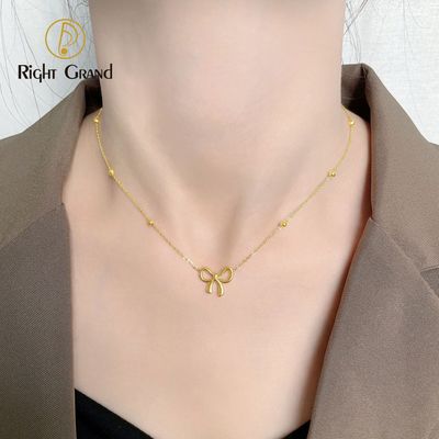 Right Grand Wholesale Bulk Simple Girl Woman Fashion Jewelry Pvd Gold Plated Bead Chain Bow Charm Necklace