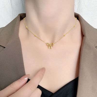 Right Grand Wholesale Bulk Simple Girl Woman Fashion Jewelry Pvd Gold Plated Bead Chain Bow Charm Necklace