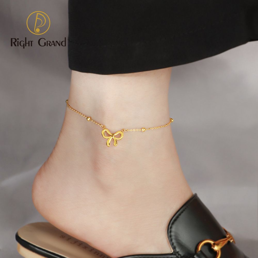 Right Grand Beach Summer Waterproof Cute Girls Women Fashion Jewelry Stainless Steel Vacuum Gold Plated Bow Anklets