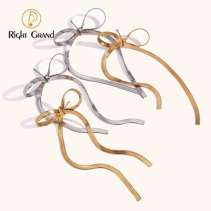 Right Grand Wholesale Elegant Simple Fashion Women Jewelry Gold Plated Stainless Steel Bow Chain Earrings