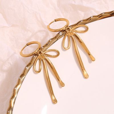 Right Grand Minimalist Fashion Elegant Girls Women Jewelry Gold Plated Stainless Steel Long Butterfly Bowknot Earrings
